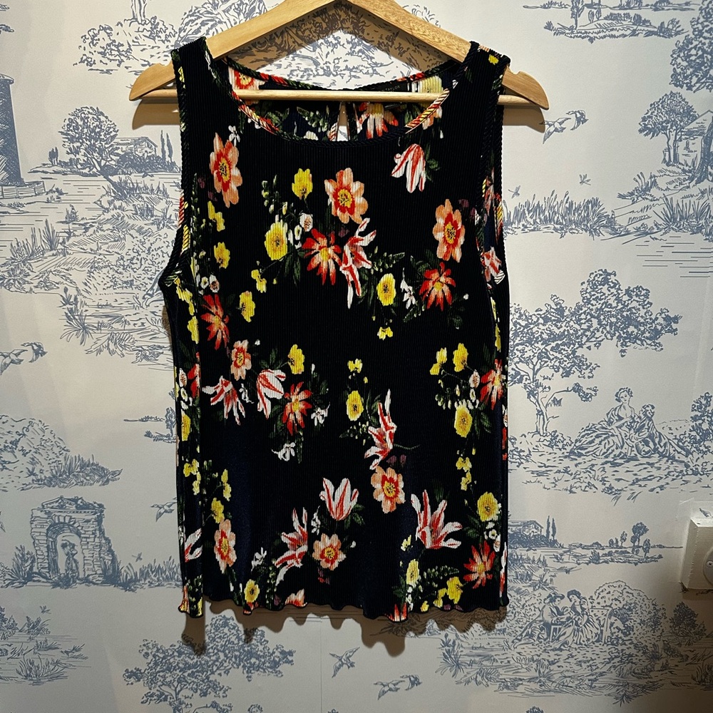 Ann Taylor Floral Sleeveless Top - Black with Yellow and Red Accents